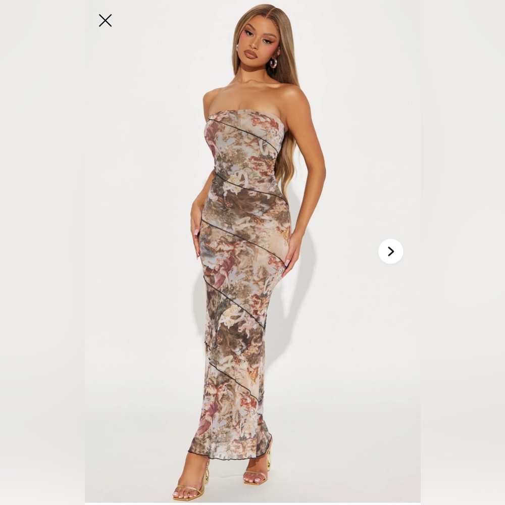 Fashion Nova Strapless Floral Dress - Cream and Brown
